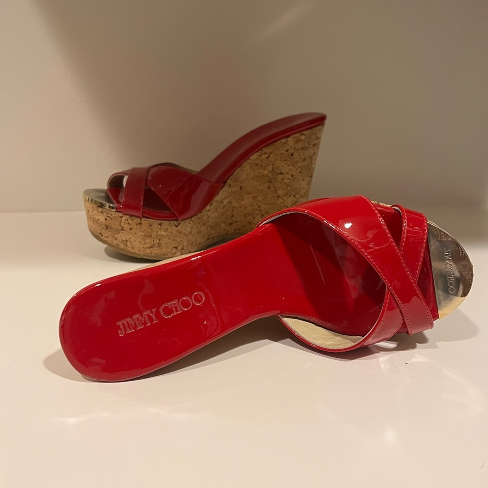 Jimmy Choo Red Patent Leather cork wedge
